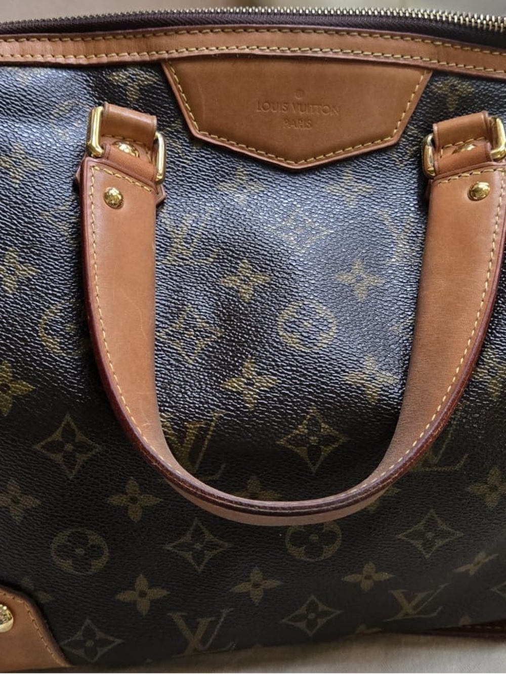 Louis Vuitton Brown Monogram Canvas Shoulder Bag with Tan Leather Trim